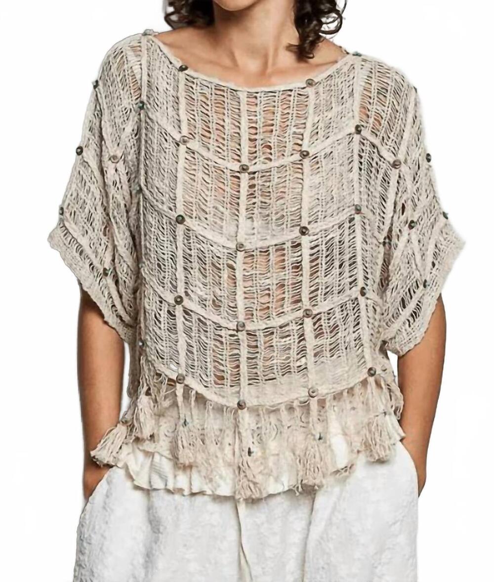 NEW POL turquoise and tassels open knit top in beige
